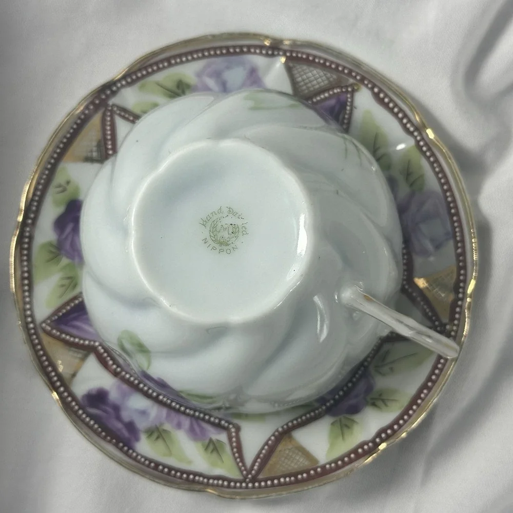 Antique‎ Nippon Hand Painted Teacup Saucer Duo Purple Rose Moriage 1911 Morimura